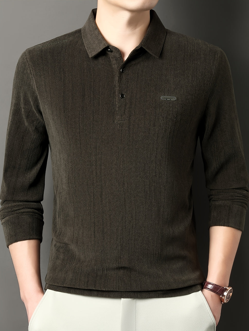 Men's Spring/Autumn Lightweight Knitted Long-Sleeve Polo Shirt with Vertical Stripe Texture, Lapel Collar, Three-Button Placket, Business Casual Versatile Base Layer Top for Middle-Aged Men - Olive Green