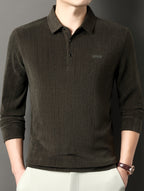 Men's Spring/Autumn Lightweight Knitted Long-Sleeve Polo Shirt with Vertical Stripe Texture, Lapel Collar, Three-Button Placket, Business Casual Versatile Base Layer Top for Middle-Aged Men - Olive Green