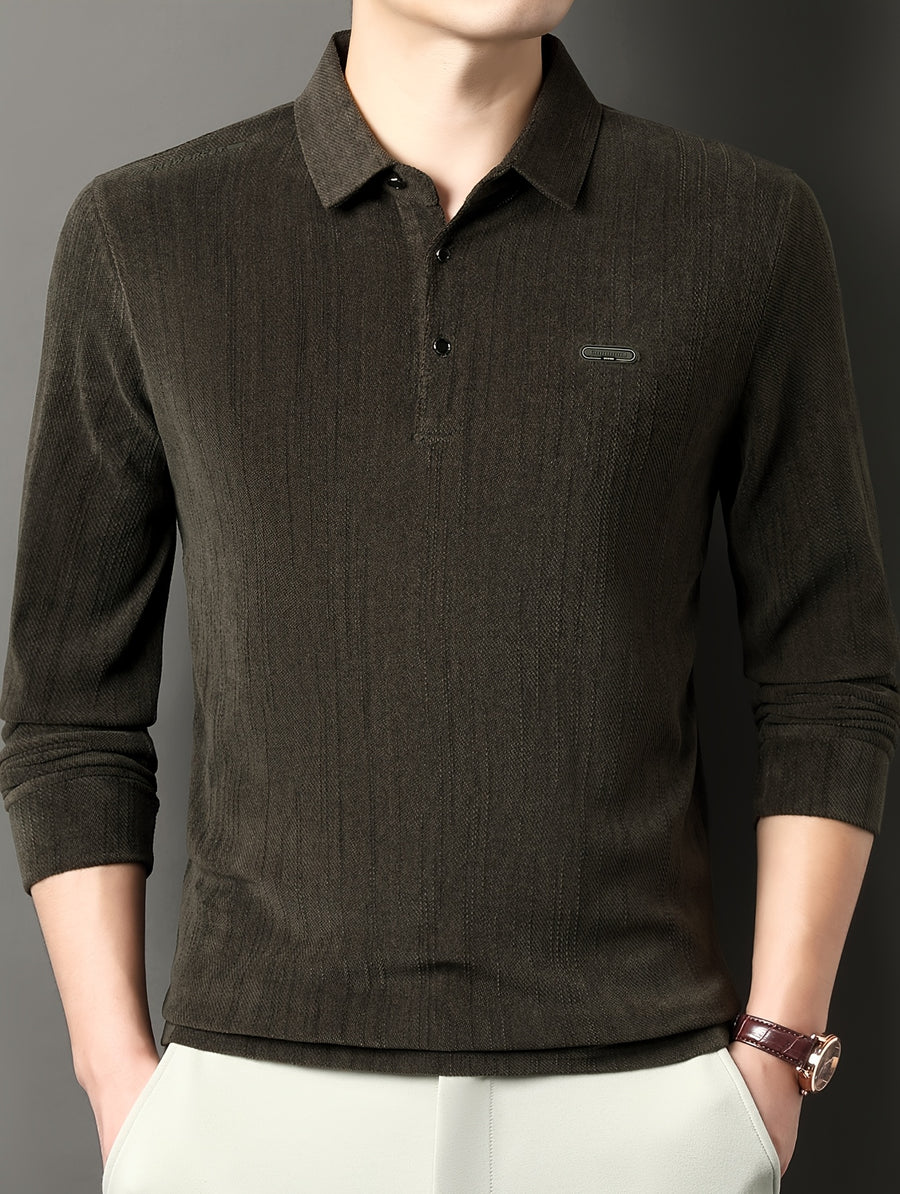 Men's Spring/Autumn Lightweight Knitted Long-Sleeve Polo Shirt with Vertical Stripe Texture, Lapel Collar, Three-Button Placket, Business Casual Versatile Base Layer Top for Middle-Aged Men - Olive Green