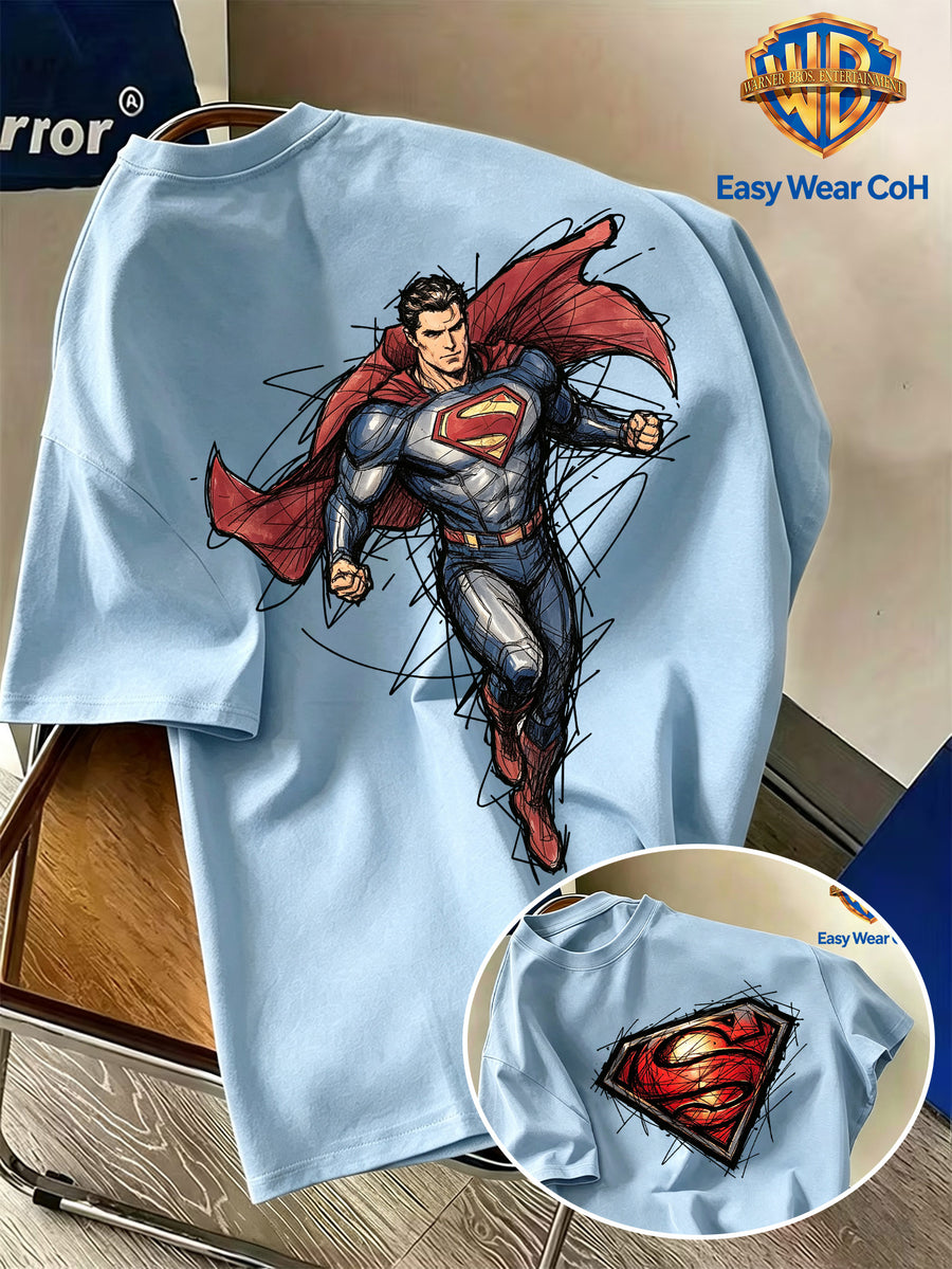 Warner Bros. Authentic Men's Pure Cotton Short-Sleeve T-Shirt, Featuring a Classic Hand-drawn Sketch-style Superman Core Pattern + S Shield Logo Creative Print. The Sketch Design Has Finely Detailed Layers, and the Pure Cotton Fabric Dispels Summer - Light Blue