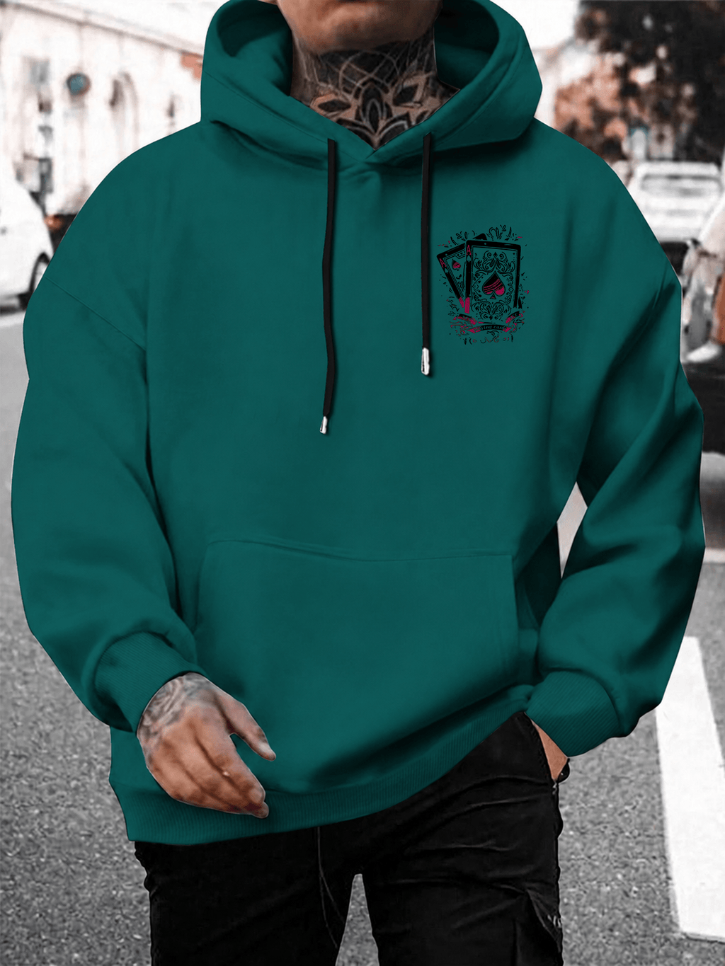 Men's Hooded Sweatshirt with Playing Card Print, Street Style Loose Fit Long Sleeve Pullover, Casual Sportswear Top - Dark Green
