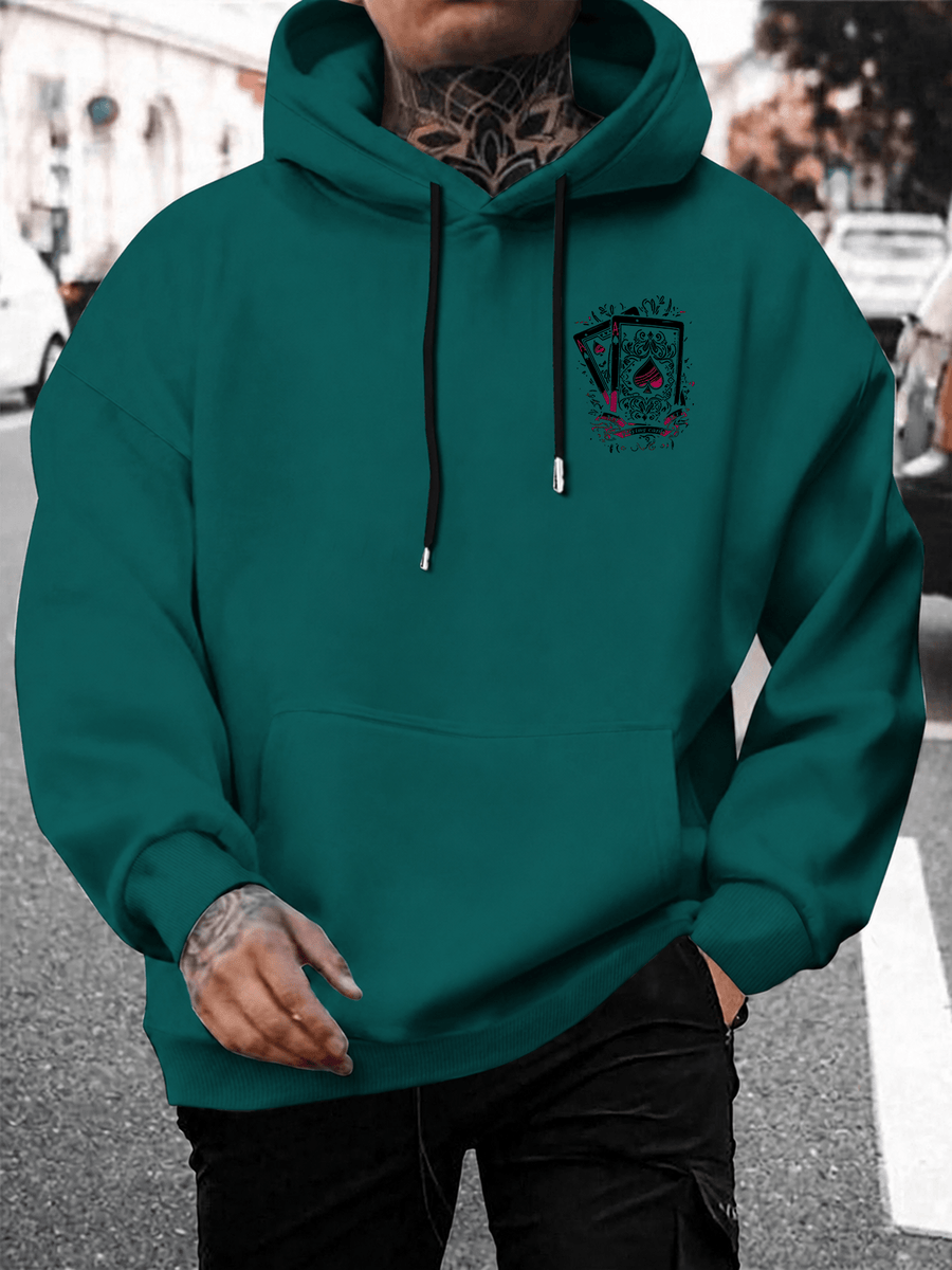 Men's Hooded Sweatshirt with Playing Card Print, Street Style Loose Fit Long Sleeve Pullover, Casual Sportswear Top - Dark Green