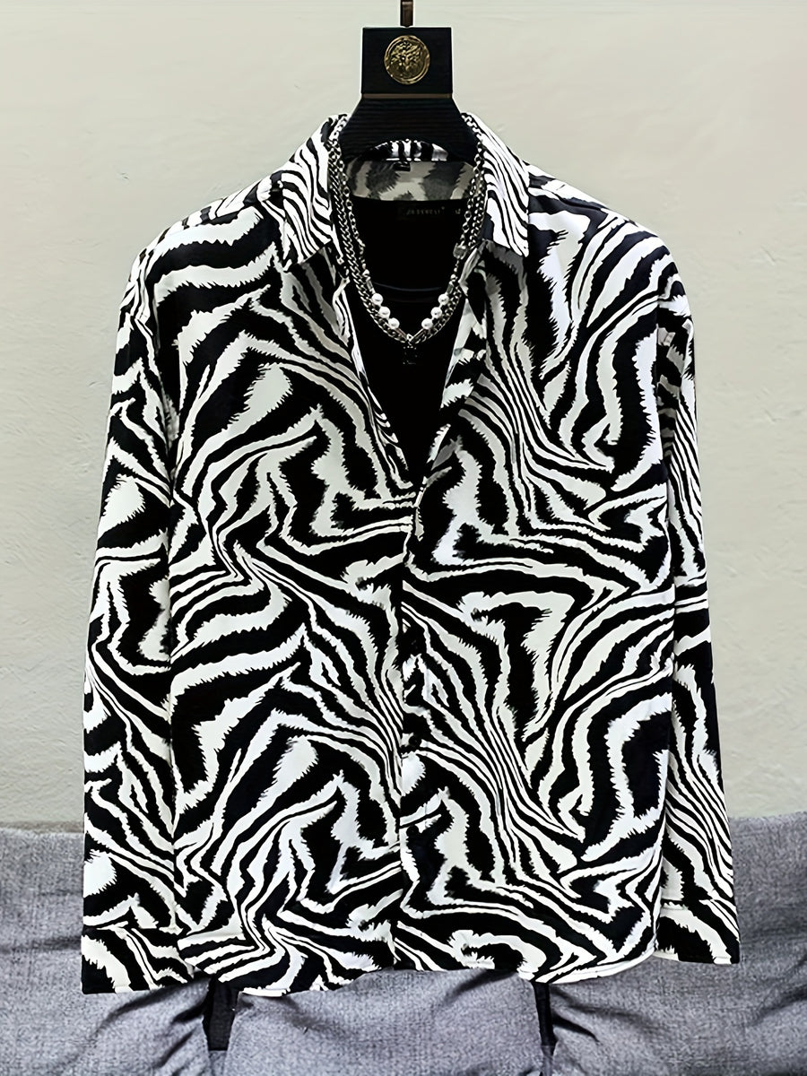 Men'S Trendy Retro Slim-Fit Long-Sleeve Shirt with a Zebra Pattern for Spring And Summer in The Middle East, Wrinkle-Free And Lightweight - Black