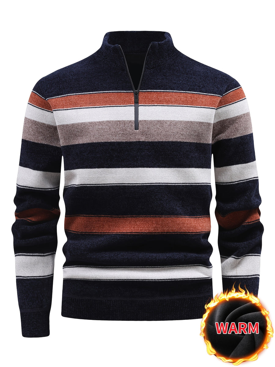 Autumn And Winter Men'S Sweater with Fleece, Half-Zipper Collar, Contrasting Color Stripes, Long-Sleeved Men'S Knit Pullover, Casual And Versatile, Warm Top Suitable for Daily Commuting, Going Out, Shopping - Navy Color
