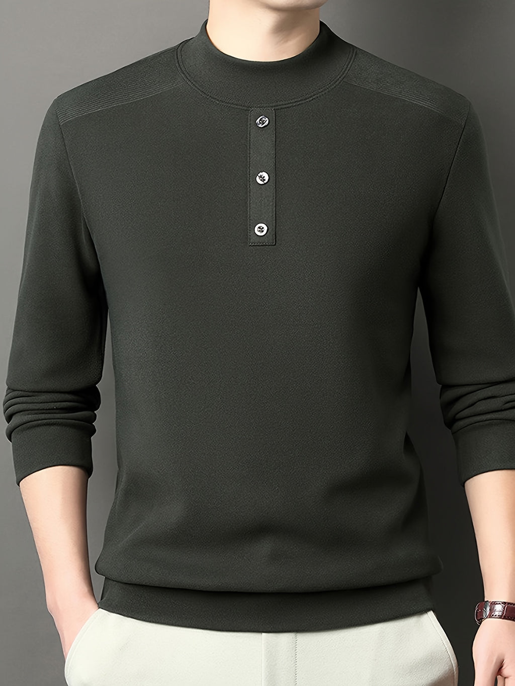 Men'S Warm Long Sleeve Top for Autumn And Winter, Warm Yet Comfortable, More Mature And Stable Look Than Regular Round Neck Shirts - SINBOS - Dark Green