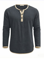 Men'S Retro Color Block Casual Henley Crewneck T-Shirt in Linen, Vintage T-Shirt for Men - Dark Gray