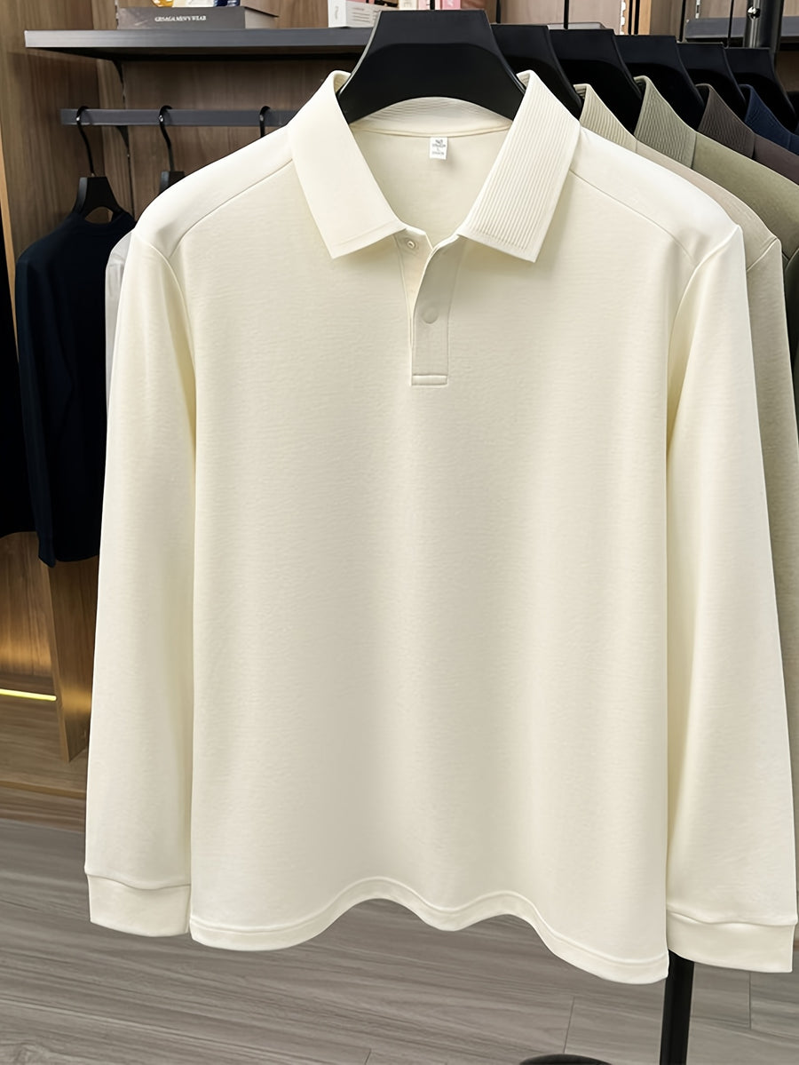 Men'S Lapel Long Sleeve Polo Shirt, 2-Button Design, Ribbed Polo Collar, Suitable for Commute And Casual Wear, Can Be Worn Inside Or Outside - Off-white