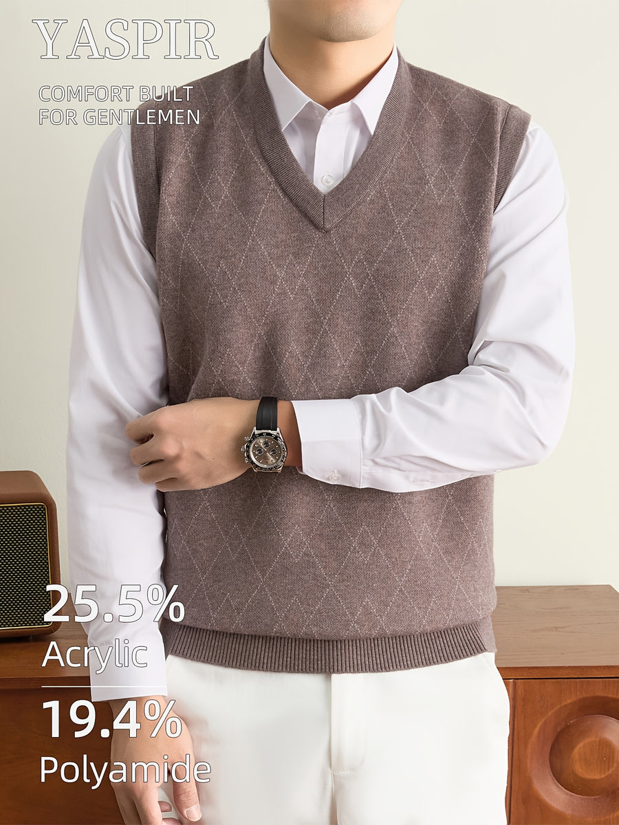 Men'S Knit Vest Sweater for Autumn And Winter, Classic V-Neck Striped Design, Easy Elegant Old Money Style Warm And Cold-Resistant, Suitable for Daily Commute, Office, Outdoor Leisure, Sports, Hiking, Camping, Holiday Gift for Father Or Husband - Camel