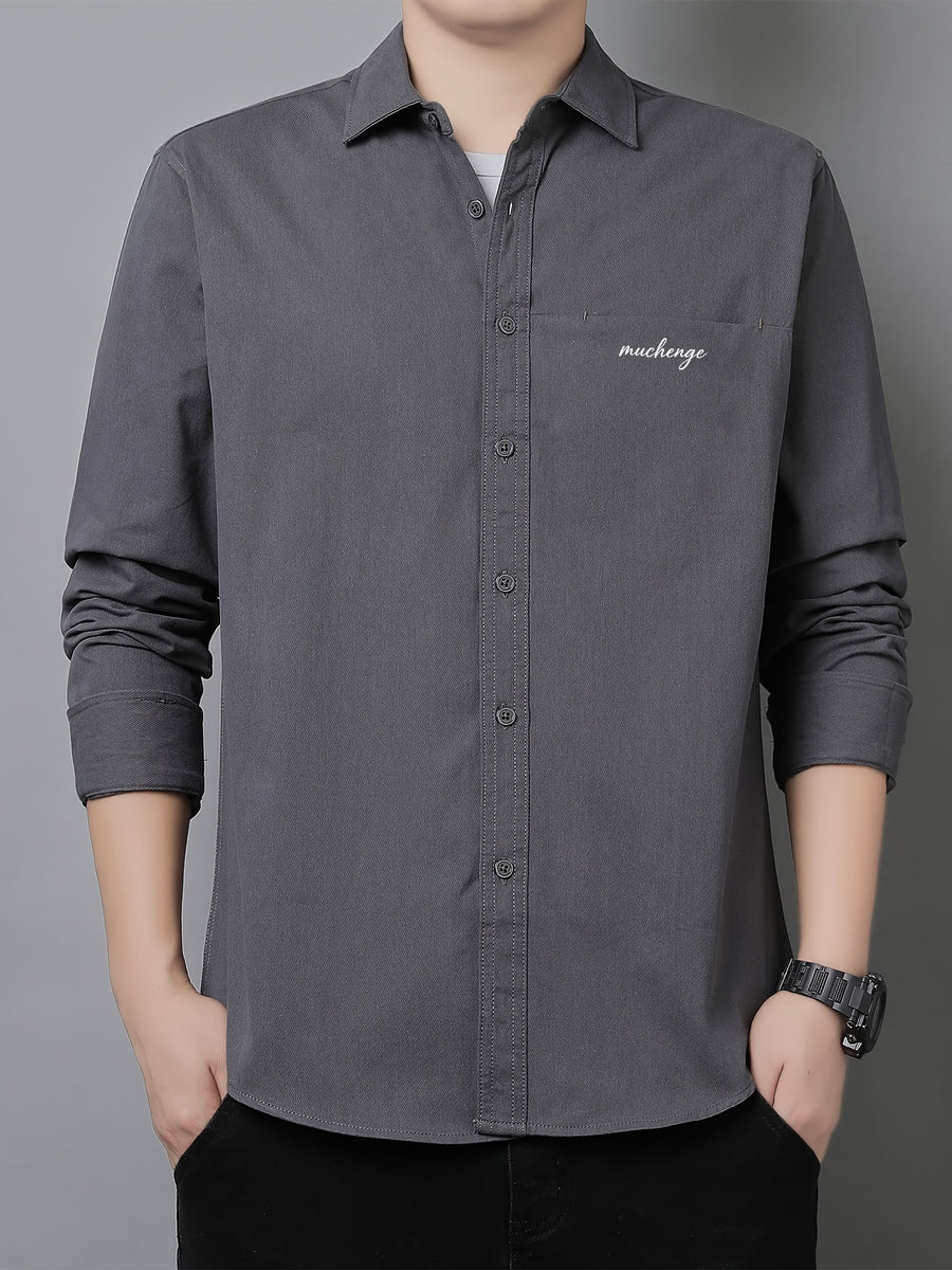 Men'S Long Sleeve Shirt with Lapel, Easy Letter Print Solid Color Hidden Single Pocket Casual Shirt, Washed Breathable Fabric, Spring/Autumn Commute Daily Wear Men'S Top, Inner And Outer Wear Multi-Color Available - Grey