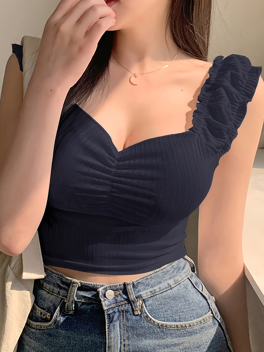 Women's Sexy Fresh Elastic Ruffle Strap Design Chest Elastic Fashion Ruched Tank Top - Navy Color