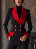 High-end Niche Color-blocked Lapel Double-breasted Long-sleeve Versatile Blazer with Lining and Pockets - Black