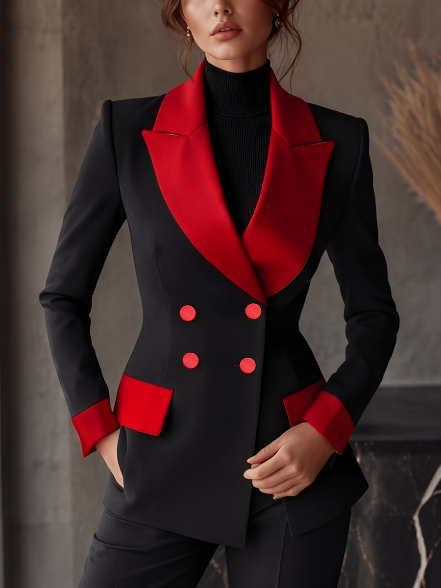 High-end Niche Color-blocked Lapel Double-breasted Long-sleeve Versatile Blazer with Lining and Pockets - Black