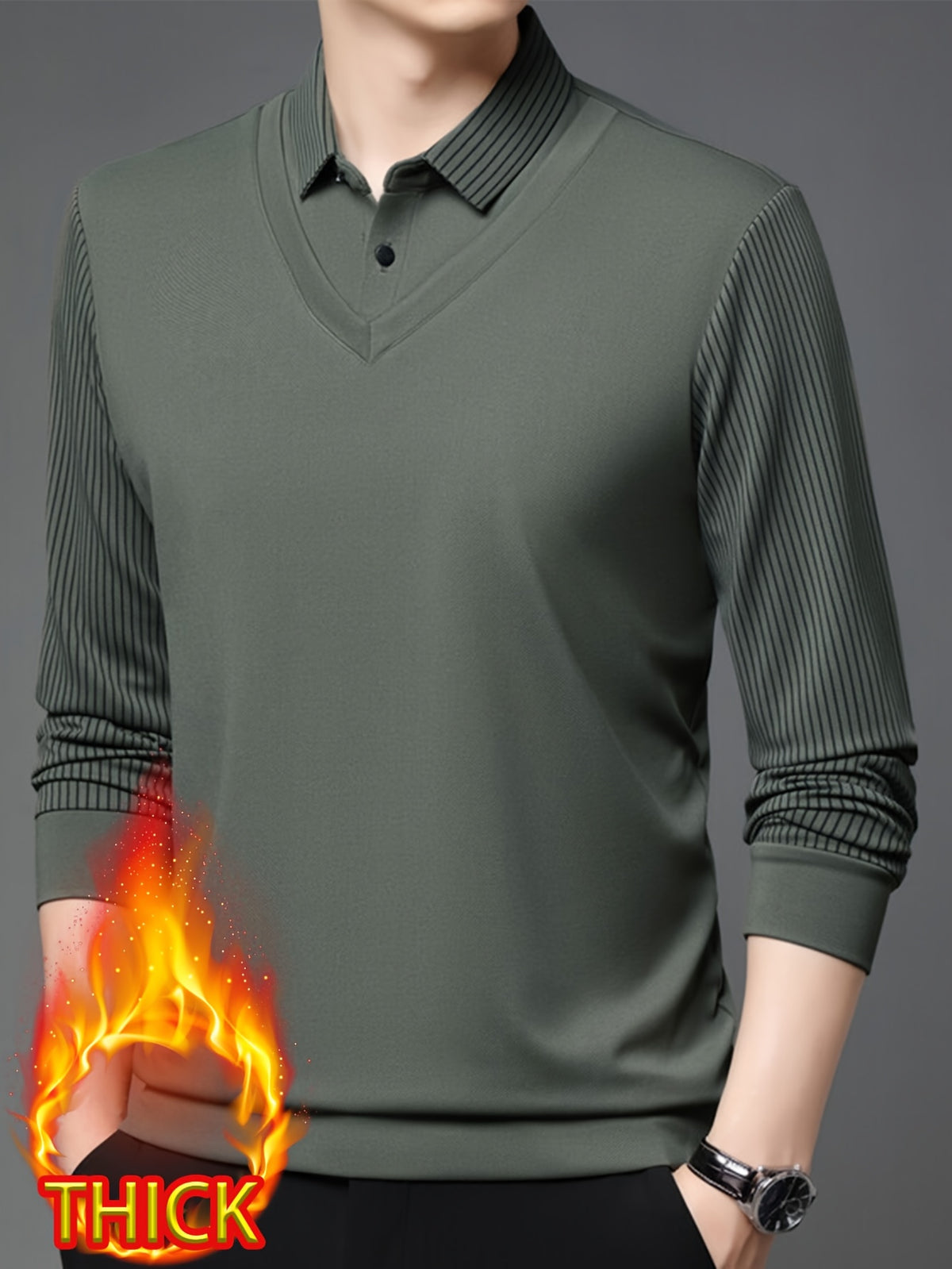Men'S Autumn Casual 2pcs Collar Long Sleeve Top, V-Neck Vest with Striped Sleeves, Business Style, Suitable for Commuting And Entertaining - Green