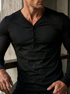 Men'S V-Neck 3-Button Henley Long Sleeve T-Shirt, White Stretch Slim Fit Spring Fall Casual Base Layer Top - Black
