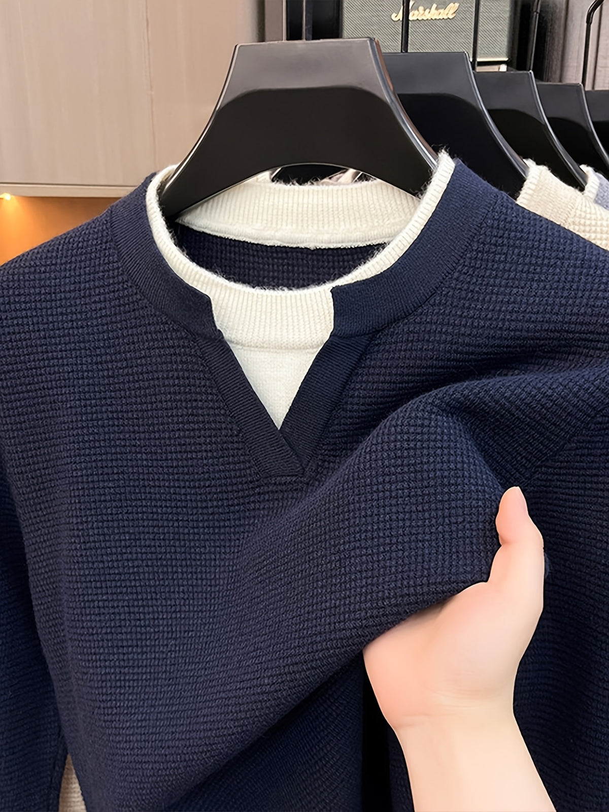 Men's Small V-Neck 2-in-1 Look Waffle Knit Textured Fabric Color-Blocked Double-Layer Neckline Soft, Warm, and Cozy Pullover Top for Spring and Autumn Casual Layering - Shangqing