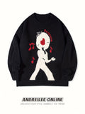 Spring Autumn Winter Men Women Street Individual Fashion Cartoon Person Singing Notes Pattern Casual Long Sleeve Sweater Round Neck Casual Versatile Loose Drop Shoulder Pullover Knit Top - Black