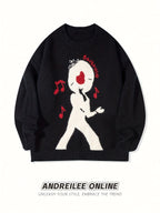 Spring Autumn Winter Men Women Street Individual Fashion Cartoon Person Singing Notes Pattern Casual Long Sleeve Sweater Round Neck Casual Versatile Loose Drop Shoulder Pullover Knit Top - Black
