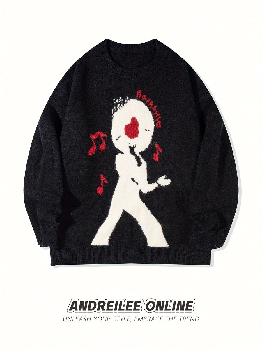 Spring Autumn Winter Men Women Street Individual Fashion Cartoon Person Singing Notes Pattern Casual Long Sleeve Sweater Round Neck Casual Versatile Loose Drop Shoulder Pullover Knit Top - Black