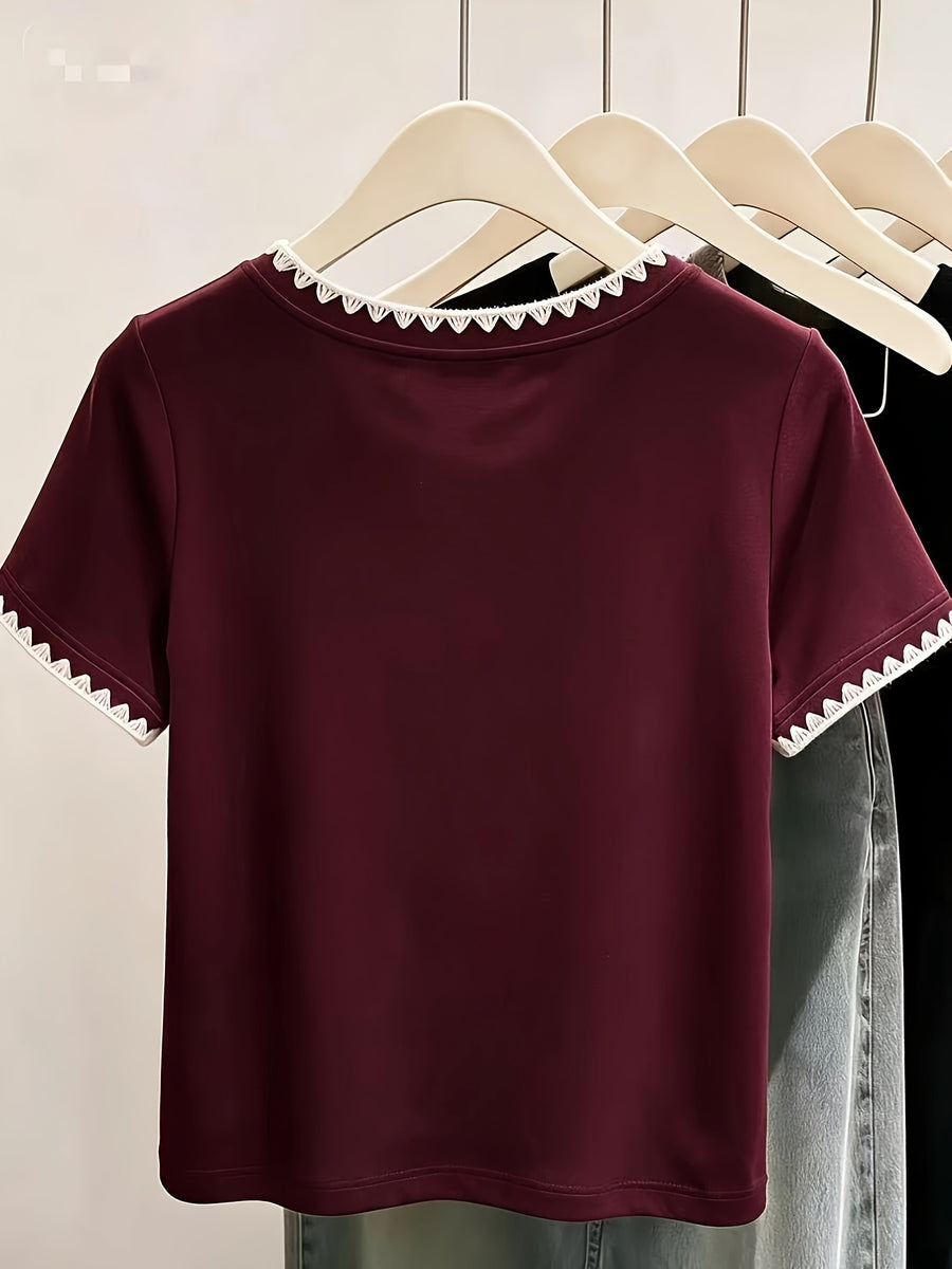 XXFL Directional Style Summer Regular Shoulder V-Neck Color-Block Fashion Versatile Short-Sleeve Top T-Shirt - Burgundy