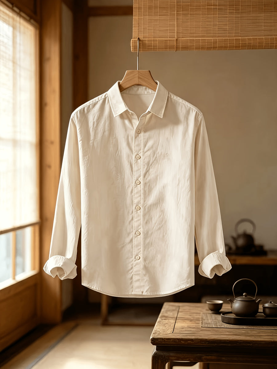 Men'S Autumn Classic Solid Color Long Sleeve Button-Up Shirt, Lapel Collar Casual Blouse, Loose Soft Breathable Daily Top - Khaki