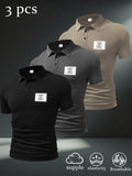3pcs Men'S Casual Polo Shirt Set, Creative Print Patterns, Short Sleeve, Golf And Outdoor Sports Apparel, Breathable Comfortable Fabric, Regular Fit - Black + Dark Gray + Khaki