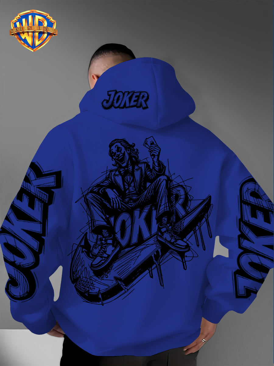 Authorized by Warner Bros., Joker Graffiti Style Print, Hat Design Pattern, Multi-Functional Street Style Men'S Hoodie, Comfortable Casual, Suitable for Autumn And Winter - Blue