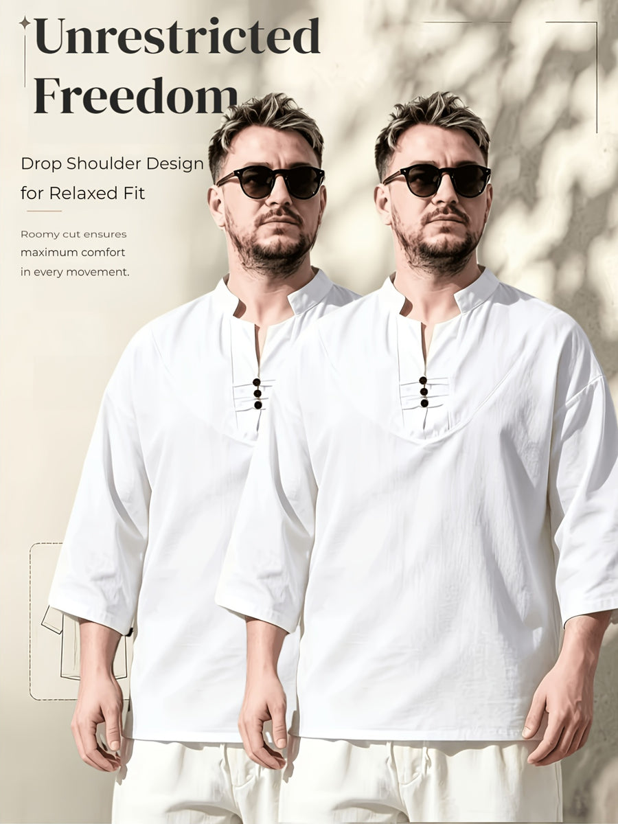 2pcs/Men'S Casual Shirts, New Linen V-Neck Casual Pullover Shirts for Daily Casual Wear, Solid Color 3/4 Sleeve Design, Suitable for Spring, Summer, And Autumn, Quick-Dry Non-Stretch Fabric, Loose Fit, Perfect Gift! - White