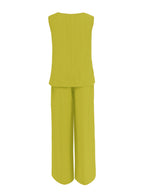 Women's Casual 2pcs Set Solid Color Loose Sleeveless V-Neck Tank Top + Wide-Leg Pants - Matcha Green