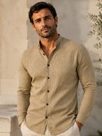 [Know And Give OBM] 3pcs Men'S Casual Long Sleeve Shirts - Lightweight Breathable Solid Color Stand Collar Summer Shirts, Adjustable Cuff with Double Buttons, Suitable for Beach Vacations, Pool Parties, And Outdoor Activities, Ideal Gift - White+khaki+navy Blue