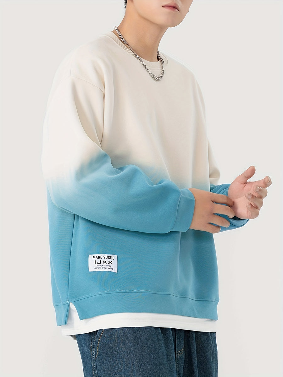 New Autumn Round Neck Sweatshirt, Men's Gradient Color 2-in-1 Look Hem Sweatshirt, Burgundy Gradient - Cream Color