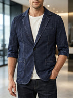 Original Designed Men's Dark Blue Crackle Hand-Washed Denim Blazer for Spring & Original Crackle Washed Denim Blazer, Men's Single Button Lapel Mid Sleeve Slim Fit Jacket with Contrast Stitch Pockets, Business Casual Layerable Outerwear - Navy Color