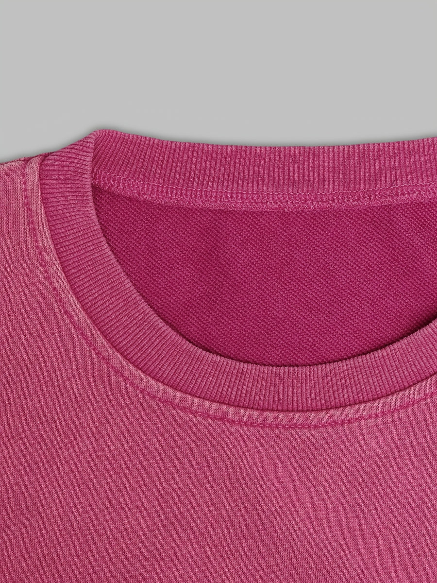 Cat Printed Casual Retro Women's Washed Round Neck Hoodie for Autumn and Winter - Rose Red