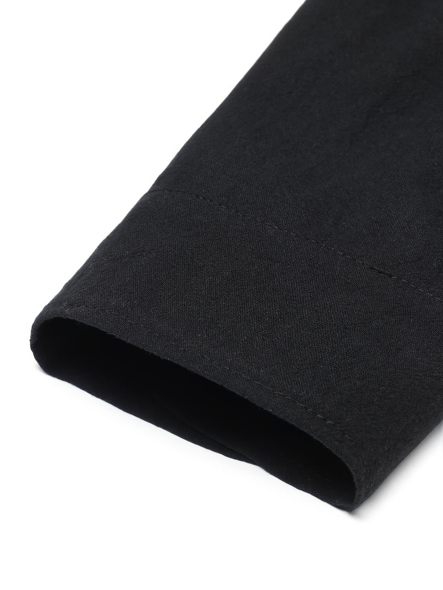 Men's Vintage Lace-Up Lapel Long-Sleeve Linen Shirt Casual Pullover Textured Shirt - Black