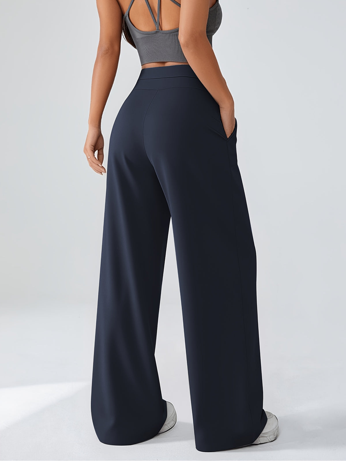 Spring And Autumn Women'S Casual Versatile Wide-Leg Pants (2 Pockets) High-Waisted Elastic Waist Design Straight-Leg Long Pants Breathable Loose Daily Commute Outerwear Comfortable Women'S Pants - Navy Color