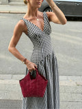 Elegant Exquisite Women'S Black And White Plaid V-Neck Sleeveless Waist-Cinching A-Line Dress Bridesmaid Dress Fashion Temperament Piece for Commute Date Daily Outfit - Black