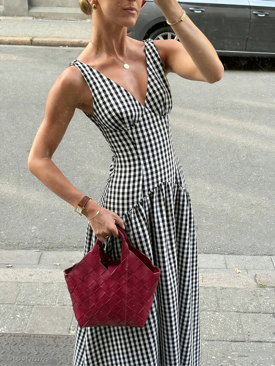 Elegant Exquisite Women'S Black And White Plaid V-Neck Sleeveless Waist-Cinching A-Line Dress Bridesmaid Dress Fashion Temperament Piece for Commute Date Daily Outfit - Black