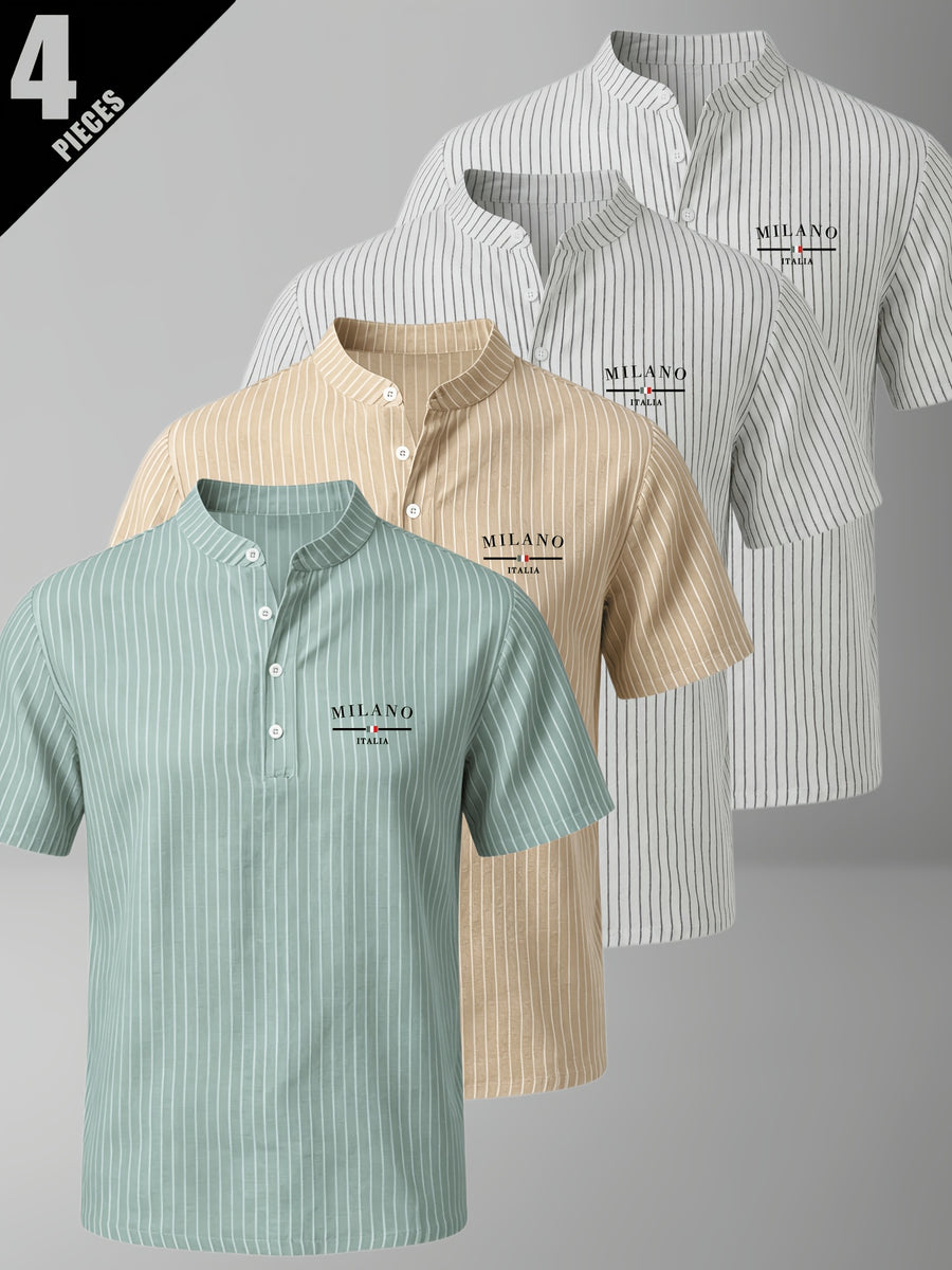 4pcs Men'S Summer Striped Linen Blend Henley Shirts, Milan Print Stand Collar Breathable Short Sleeve, Office Casual Versatile Top - Mixed Colors 15
