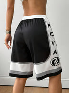 American Street Style Letter Print Black and White Contrast Color Loose Fit Drawstring High-Waist Casual Sweatshirt Shorts Knee-Length Pants Y2k - Black