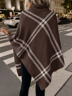 Elegant Special "Pure Body Bust" 1pc Elegant Women's Plaid High-Neck Pullover Shawl, Side Faux Button Decoration, Asymmetrical Hem Design, 100% Polyester, Fashionable Vintage Pullover, Elegant Outerwear for Autumn and Winter. Suitable for Spring - Coffee Color