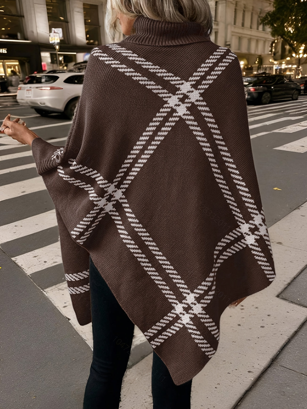 Elegant Special "Pure Body Bust" 1pc Elegant Women's Plaid High-Neck Pullover Shawl, Side Faux Button Decoration, Asymmetrical Hem Design, 100% Polyester, Fashionable Vintage Pullover, Elegant Outerwear for Autumn and Winter. Suitable for Spring - Coffee Color