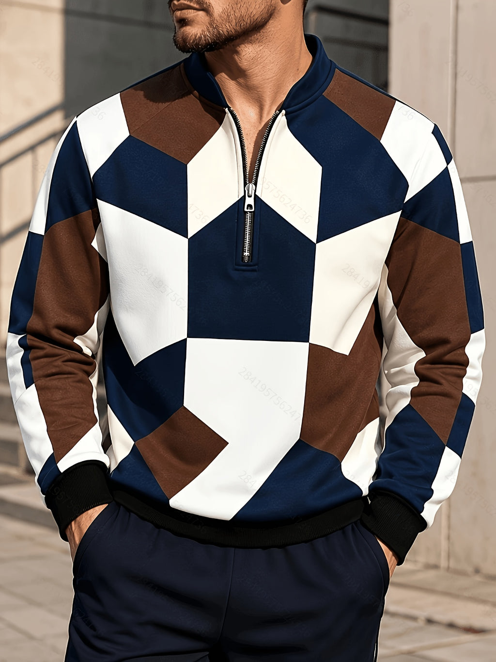 [Print Design - Not Textured] Men'S Retro Geometric Color-Block Digital Print Half-Zip Stand Collar Sweatshirt, Spring/Autumn Loose Casual Top, Daily Commute Outdoor Wear - Mixed colors