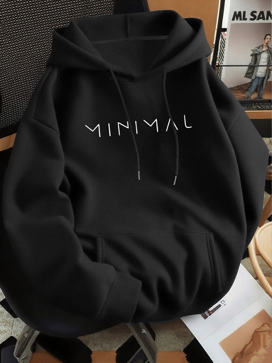 Minimalist Style Letter Print Hooded Sweatshirt, Versatile Top for Daily Casual and Commuting - Black