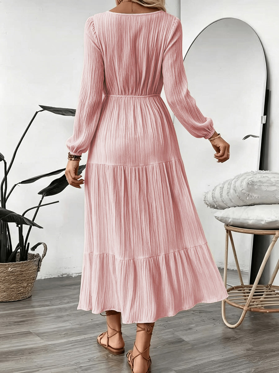 Women's Vacation Style Dress, Elegant and Fashionable V-Neck Lace Long Sleeve Maxi Dress - Pink