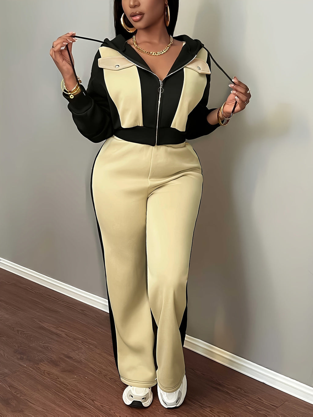 Autumn-Winter Fashion Color Block Hooded Sweatshirt and Pants Set - Black With Apricot Yellow