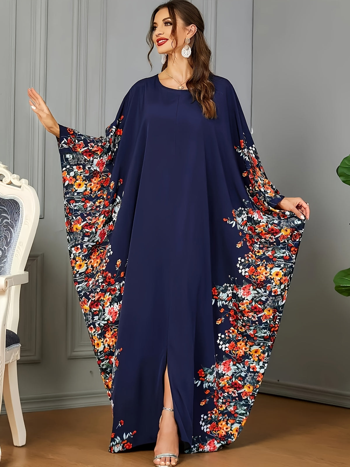 Eid & Ramadan Modest Maxi Dress - Middle Eastern-Inspired Batwing Sleeves, Loose Fit Floral Print, Machine Washable All-Season Comfort for Women, Cultural Attire, Middle Eastern Style, Comfortable Fashion - Navy Color