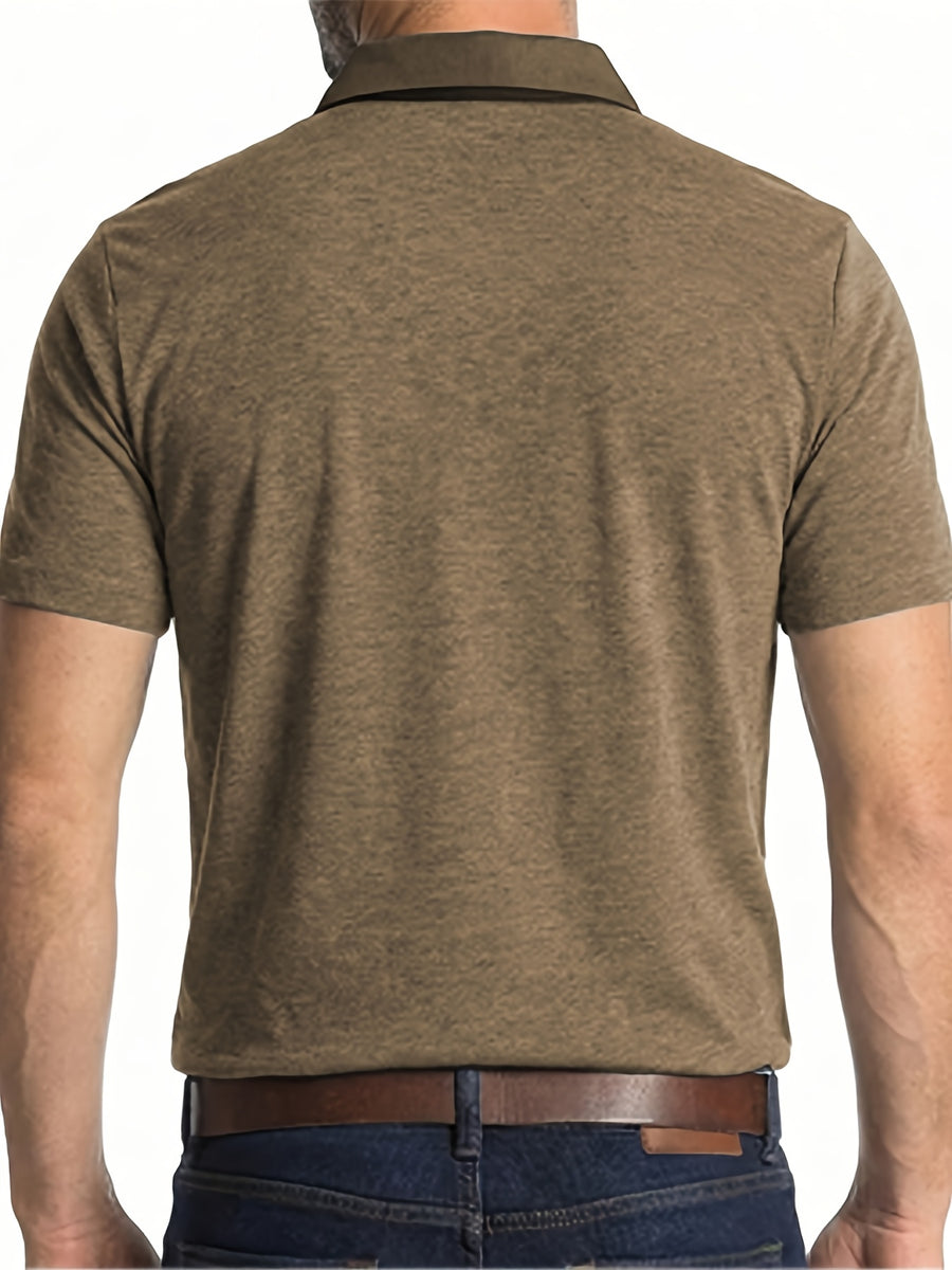 KJ-P035 Men's Daily Outdoor Casual Short-Sleeve Polo Shirt, Solid Color Henley Neck Top, Versatile T-Shirt for Fitness, Commuting, and Multiple Scenarios - Khaki
