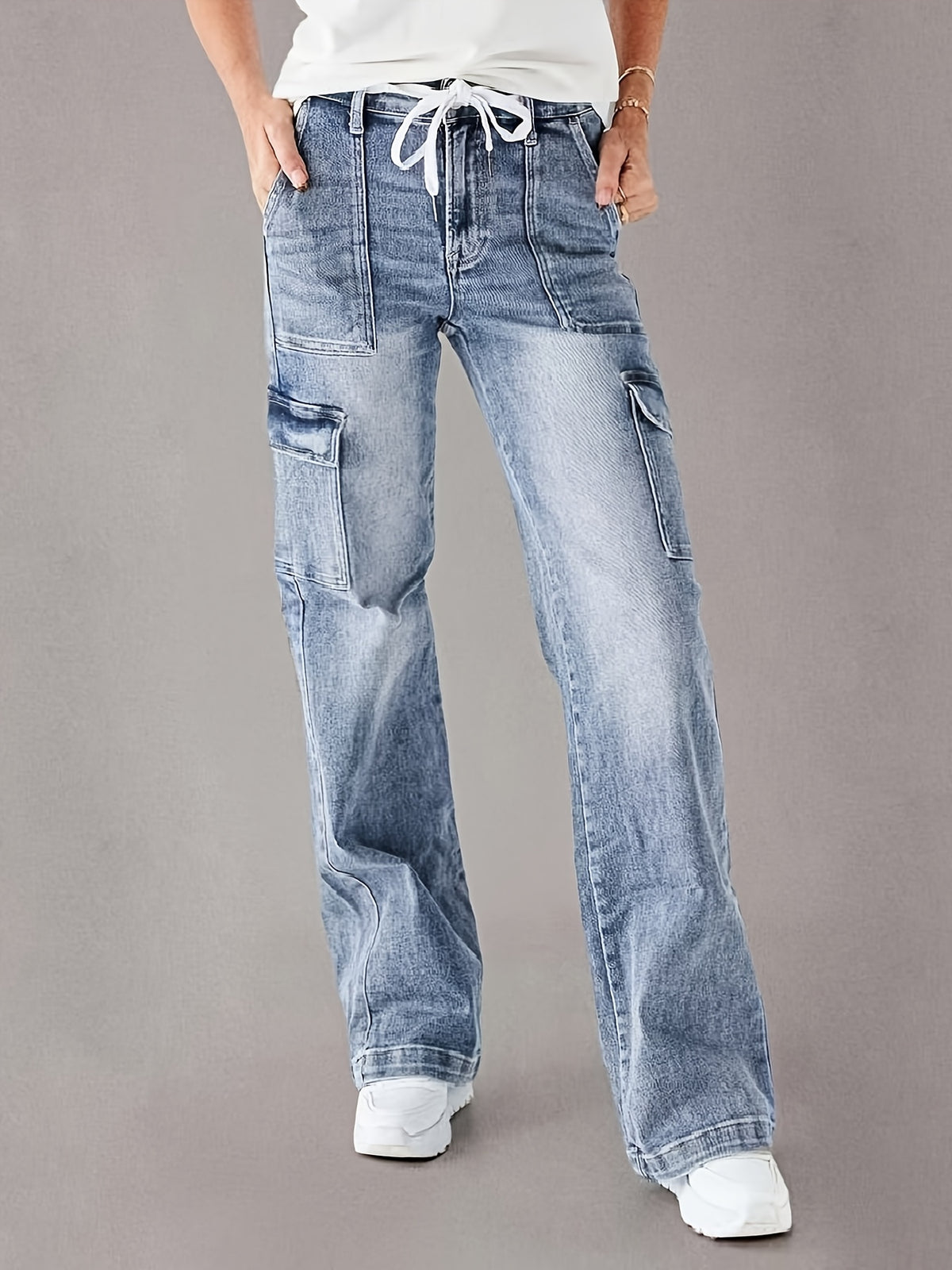 Women'S Stretch Contrast Wide Leg Straight Cargo Multi-Pocket Jeans Street Trendy Style - Bright Steel Blue