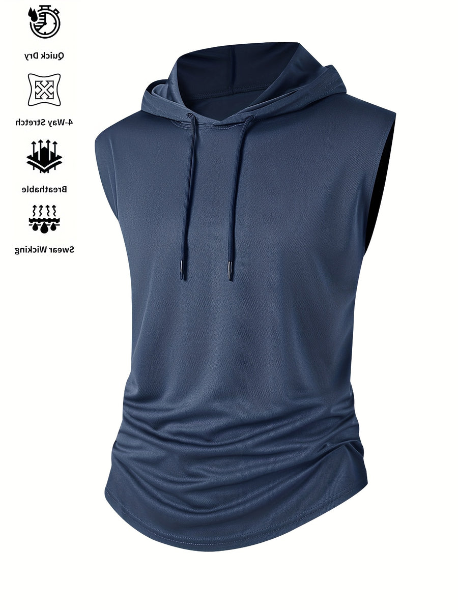 Men's Summer Fitness & Sports Casual Versatile Hooded Tank Top, Men's Casual Comfortable Breathable Hooded Tank Top T-Shirt - Navy Blue