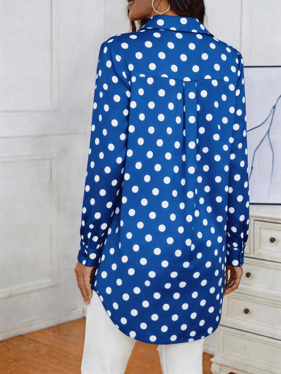 Spring/Autumn New Women's Mid-Length Polka Dot Shirt with Lapel Collar, Long Sleeves, Vintage Style, Versatile, Suitable for Commuting,, Casual Top - Vibrant Blue