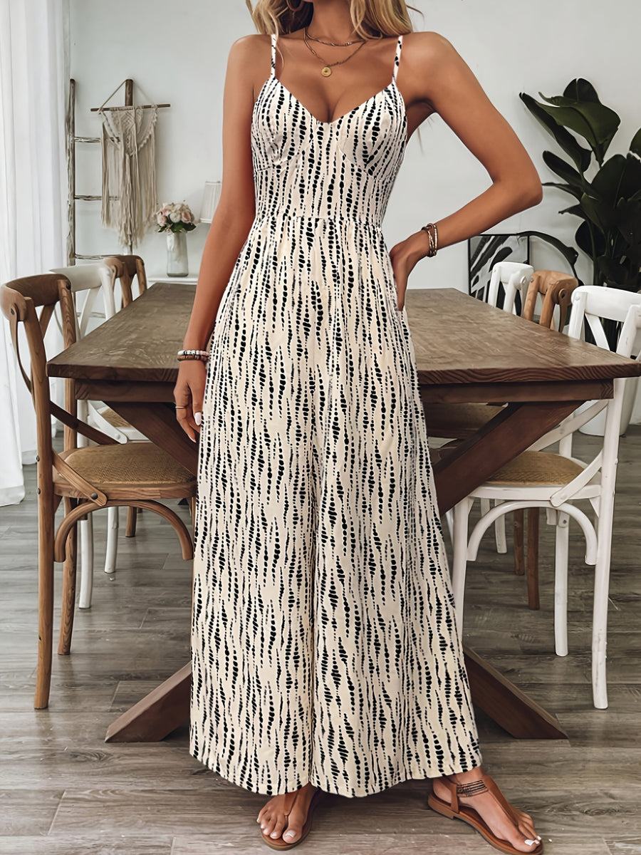 Women's Casual Printed Spaghetti Strap Backless Jumpsuit, Spring/Summer Style, Rear Tie Design, Perfect for Daily Wear, Sleeveless Style - Mixed colors
